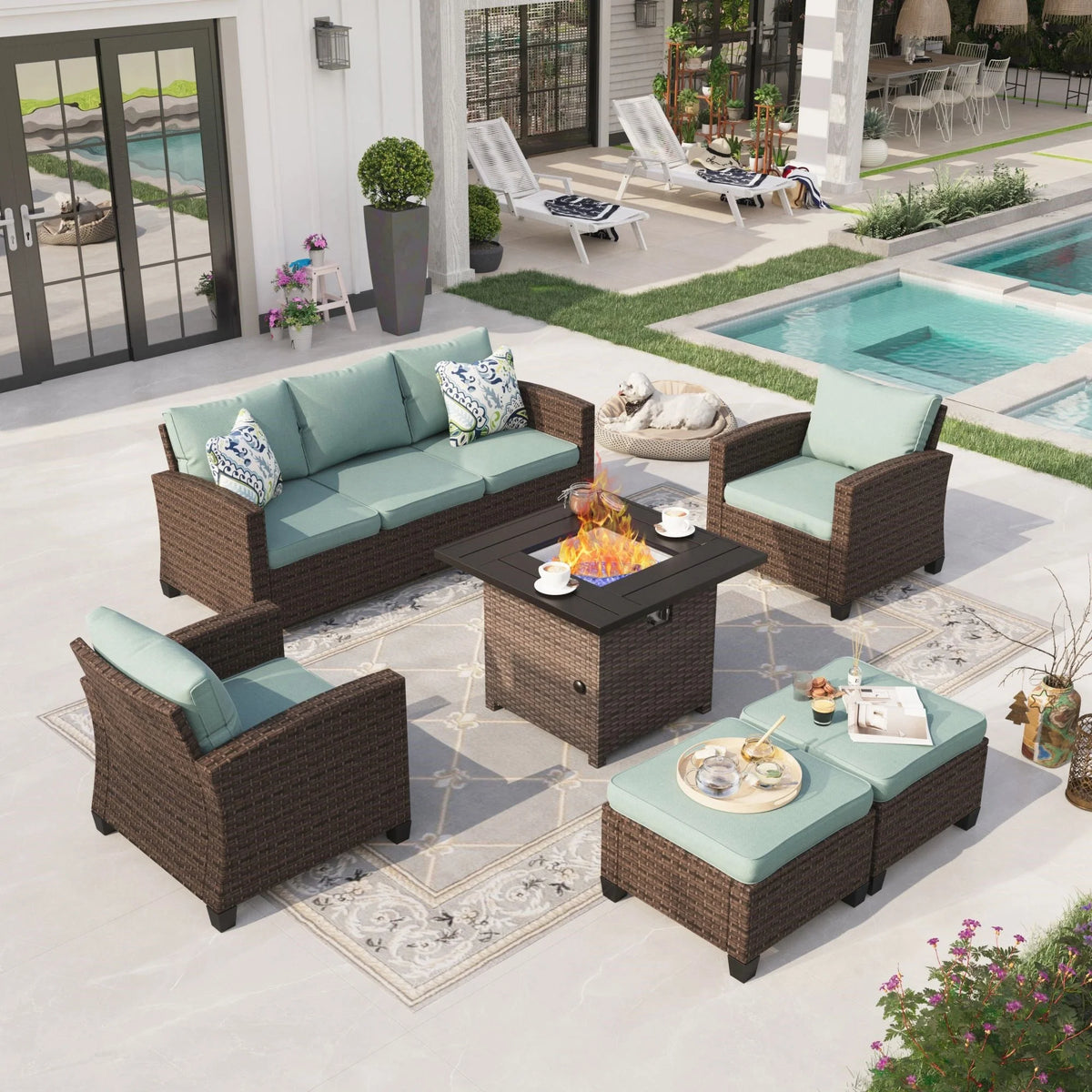 8 Pieces Wicker Patio Conversation Set with Fire Pit Table X6798