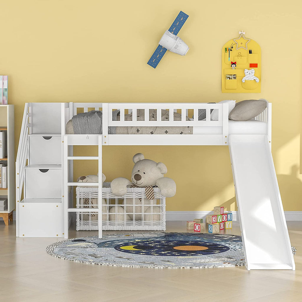 White Wooden Low Loft Bed Frame With Storage B38269