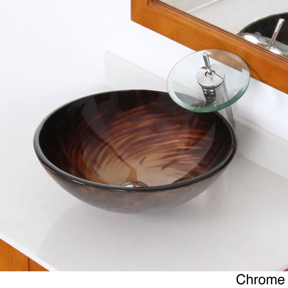 Brown Glass Bathroom Vessel Sink and Waterfall Faucet M6203