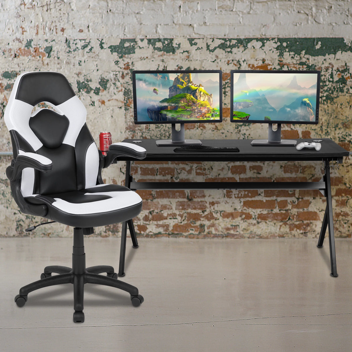 Black and White Gaming Desk with Cup and Headphone Holders K320