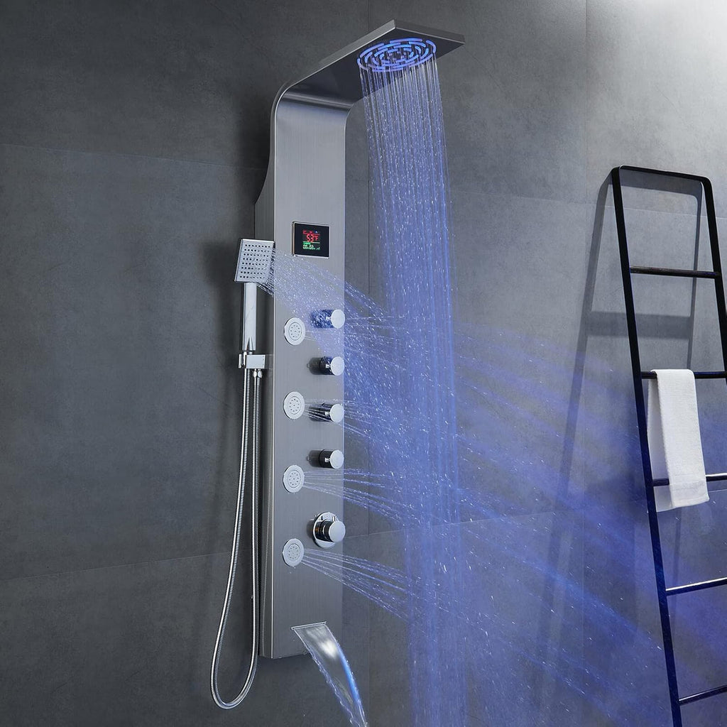 Shower Panel Tower with Rainfall Shower Head, 4 Body Jets, Handheld and Tub Spout, Stainless Steel Y498154