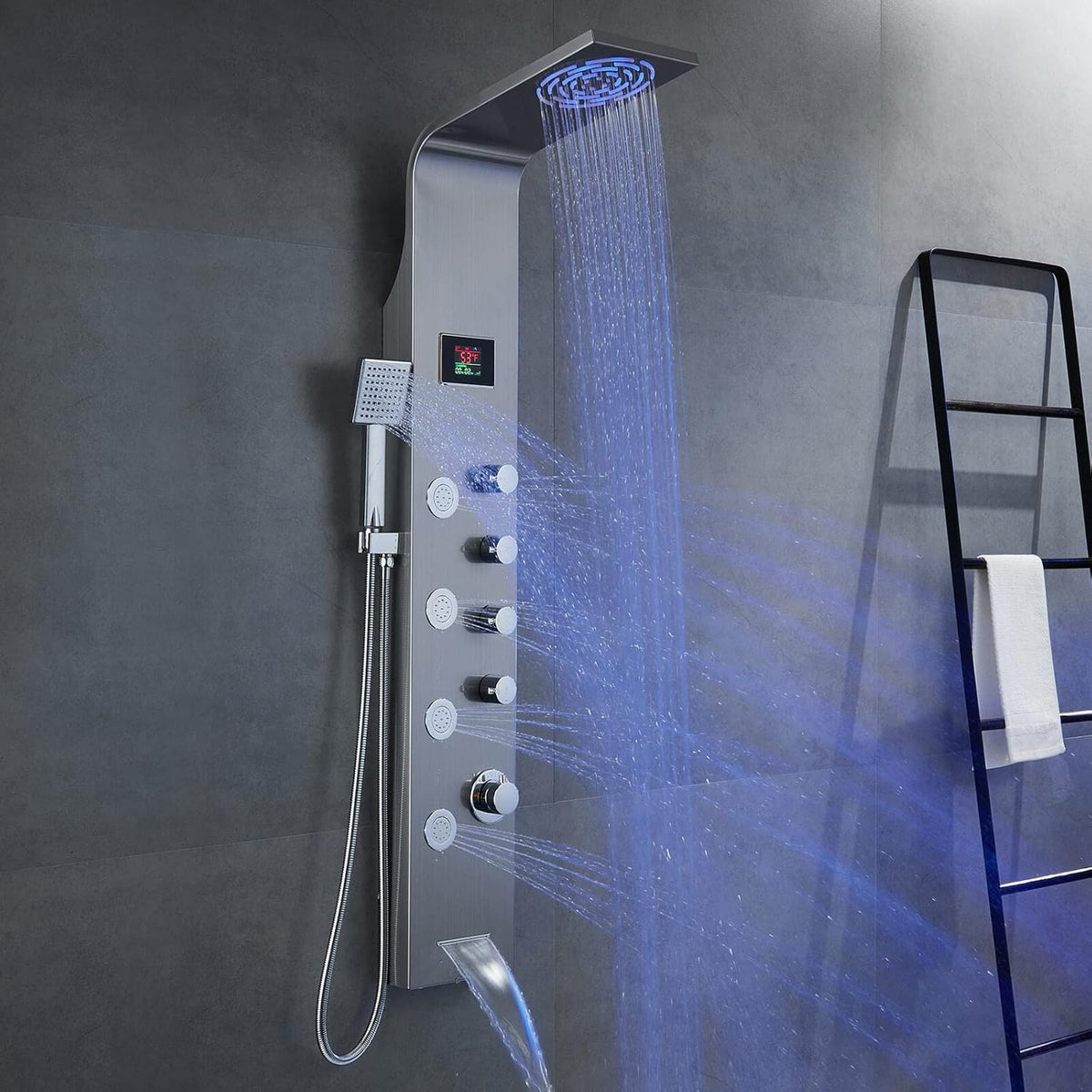 Shower Panel Tower with Rainfall Shower Head, 4 Body Jets, Handheld and Tub Spout, Stainless Steel Y498154