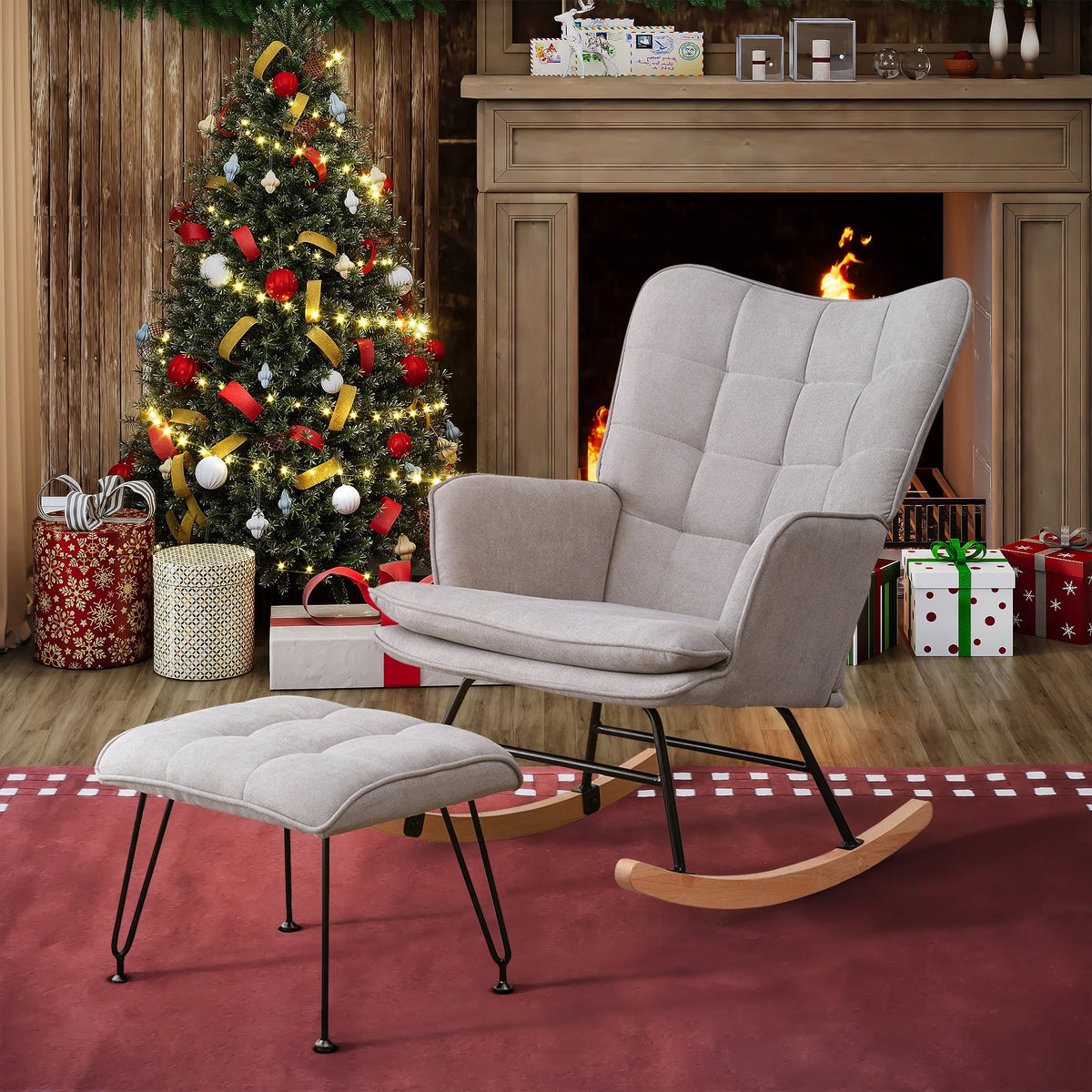 Gray Linen Fabric Rocking Chair with Ottoman B86624