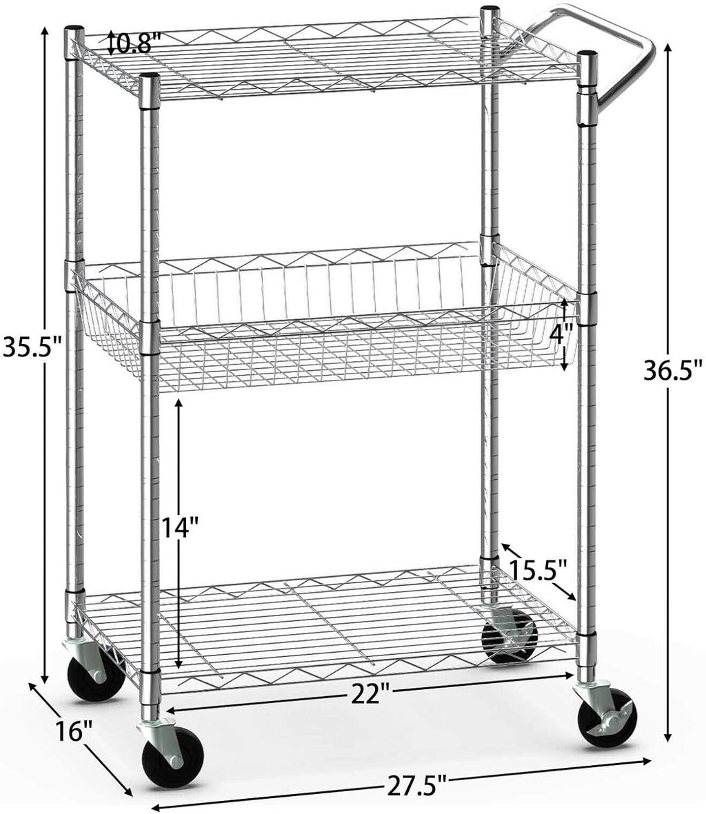 3-Tier Silver Steel Rolling Kitchen Trolley Cart with Storage Shelves S325810