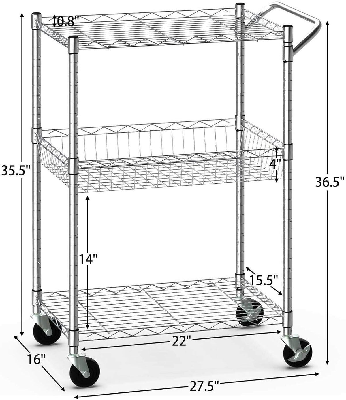 3-Tier Silver Steel Rolling Kitchen Trolley Cart with Storage Shelves S325810