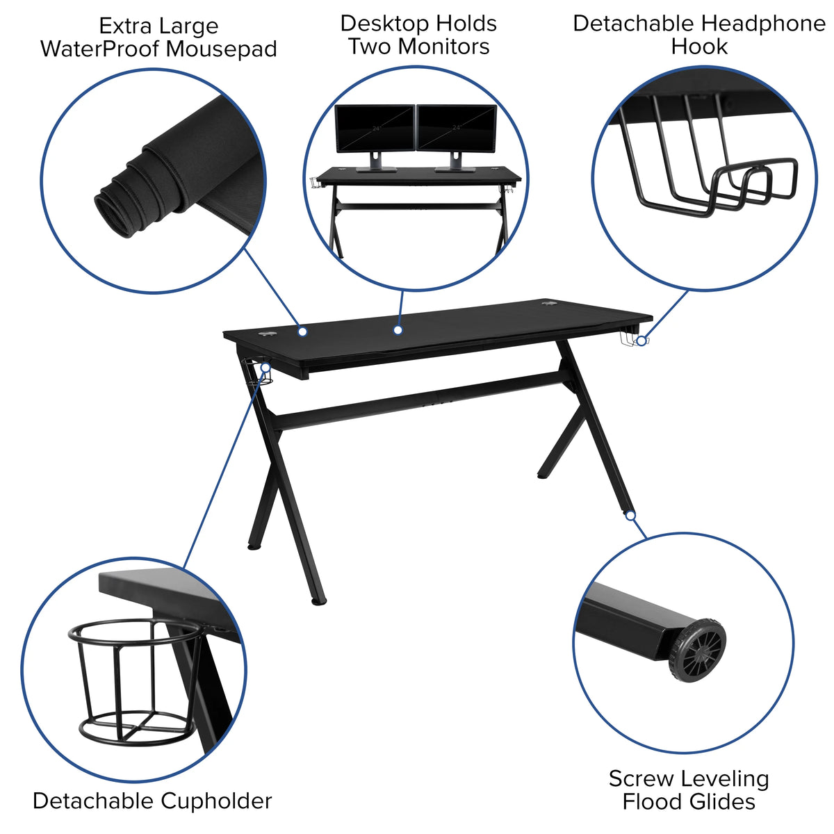 Black and White Gaming Desk with Cup and Headphone Holders K320