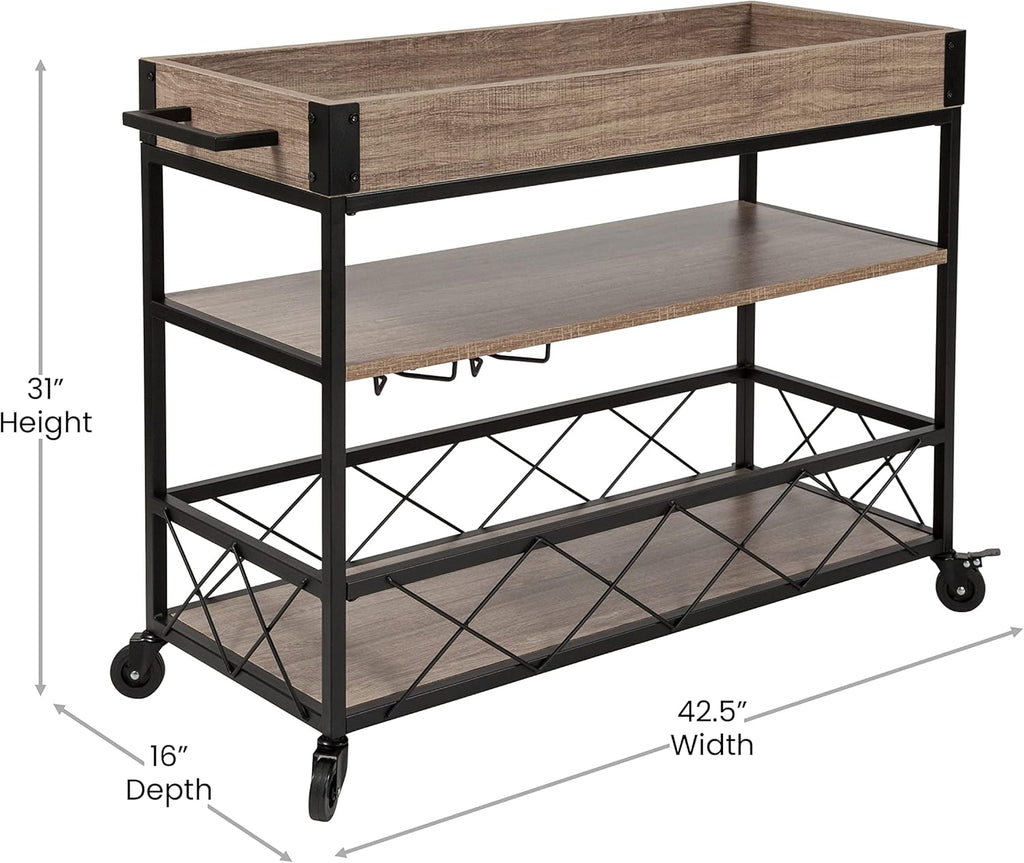 Distressed Wood Kitchen Bar Cart with Storage Rack and Shelf L71900