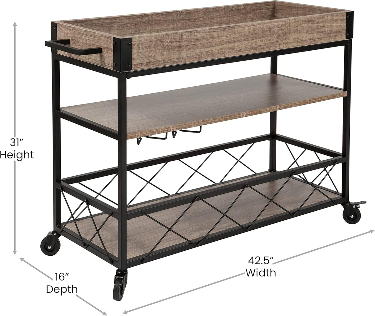 Distressed Wood Kitchen Bar Cart with Storage Rack and Shelf L71900