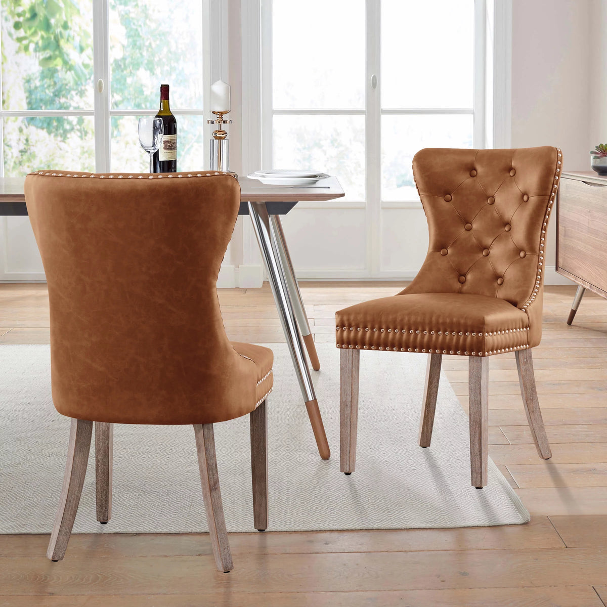Brown PU Leather Dining Chairs with Wood Legs Set of 2 D739