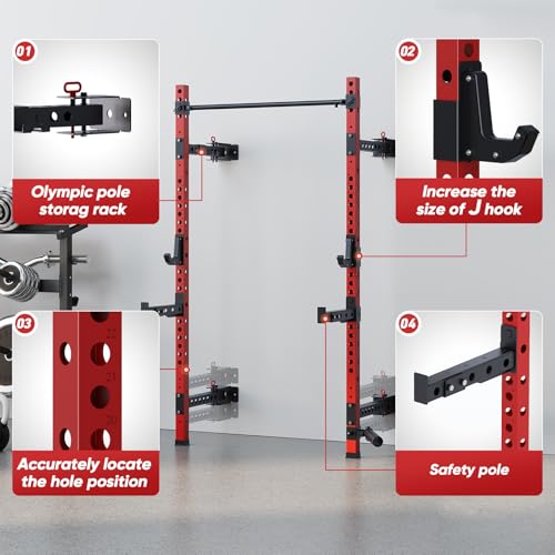 Wall-Mounted Power Cage with Pull-up Bar, J-Hooks, Landmine, Spotter Arms W7811
