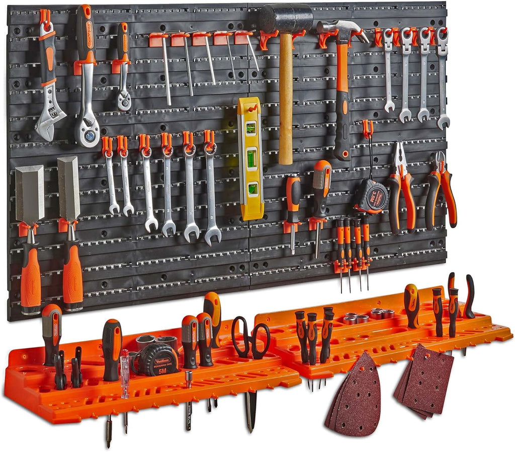 50 Piece Wall Mounted Plastic Pegboard and Shelf Tool Organizer with 50 Assorted Hook Accessories C662687