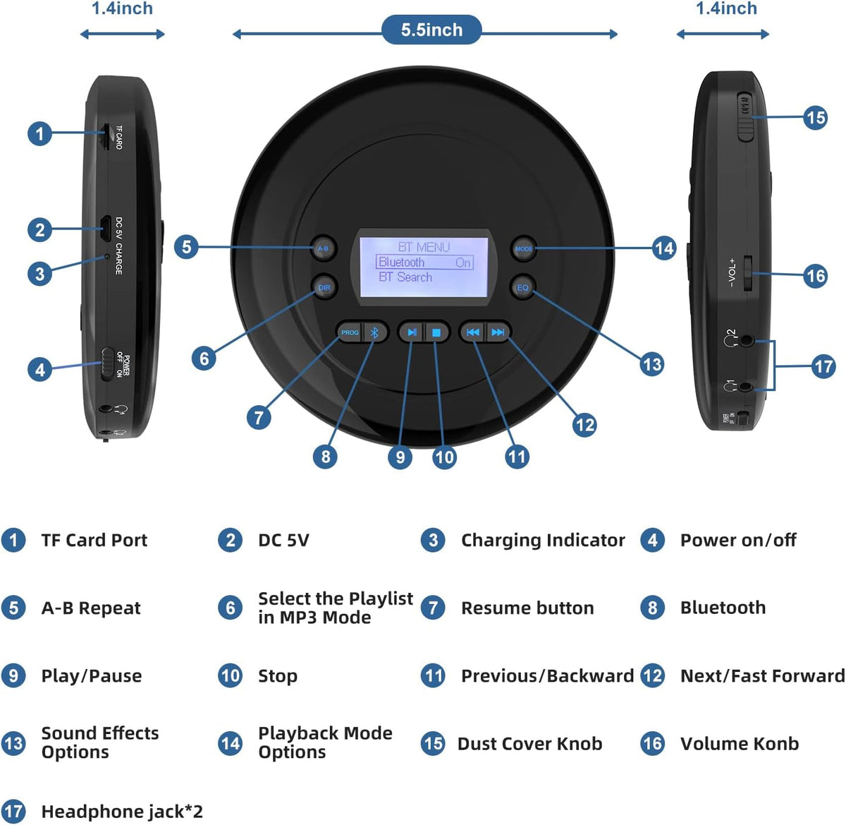 Portable Bluetooth CD Player with Dual Headphone Jack G1826