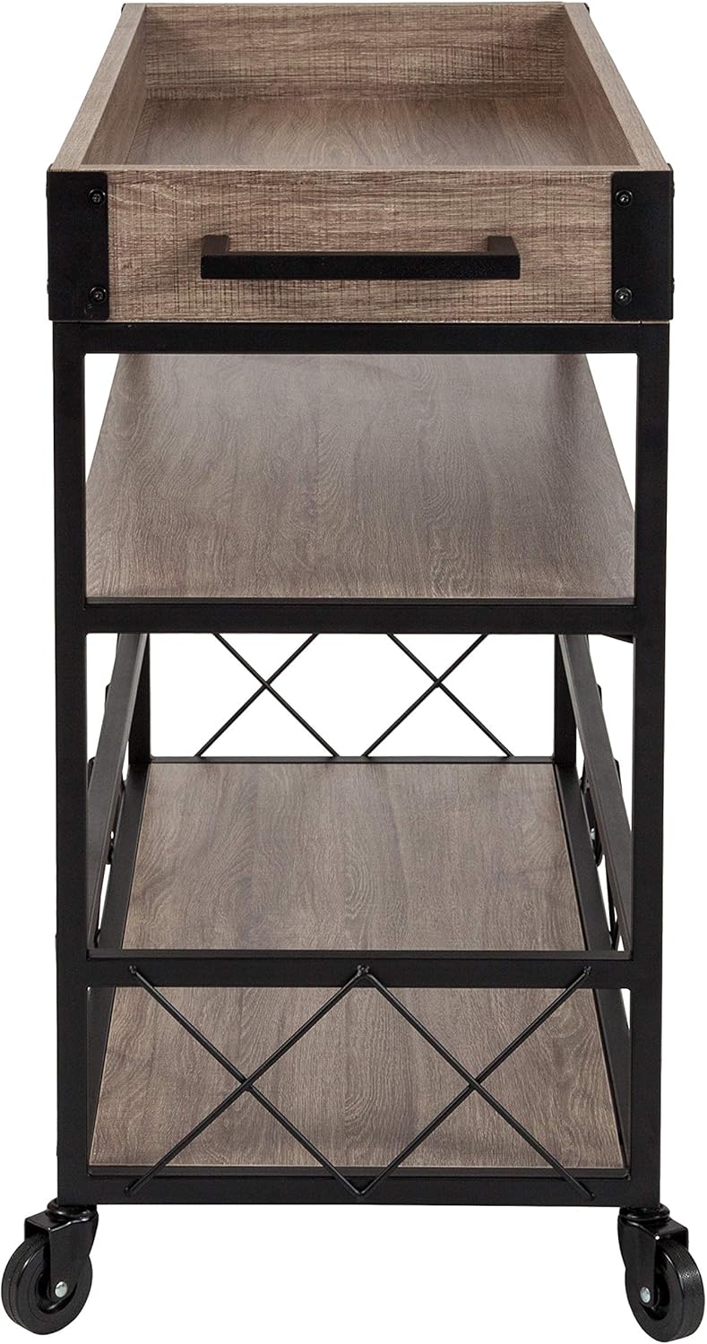 Distressed Wood Kitchen Bar Cart with Storage Rack and Shelf L71900