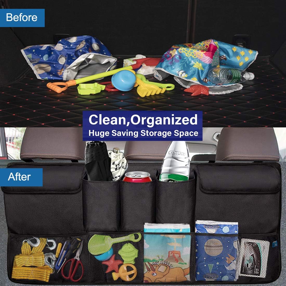 Trunk Organizer Car Storage with 5 Deep Pockets & 4 Pockets Mesh, Pack of 2 M642