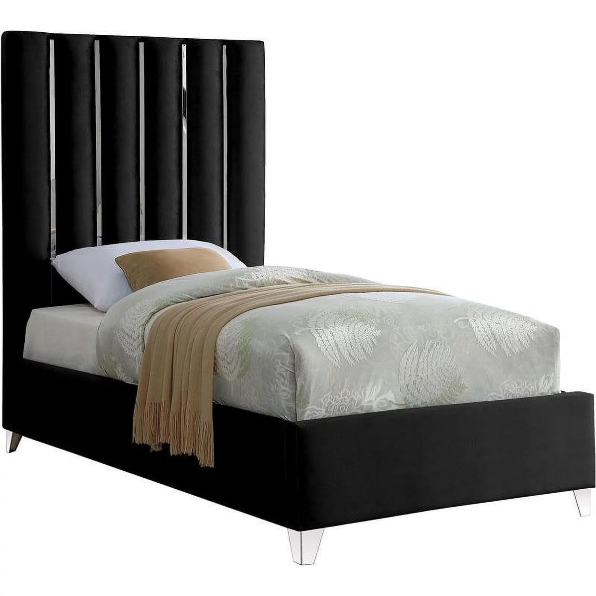 Solid Wood and Velvet Twin Bed in Black O22276