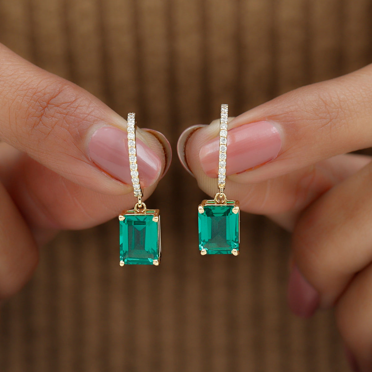 14K Yellow Gold Lab Created Emerald Drop Earrings with Diamond B1056