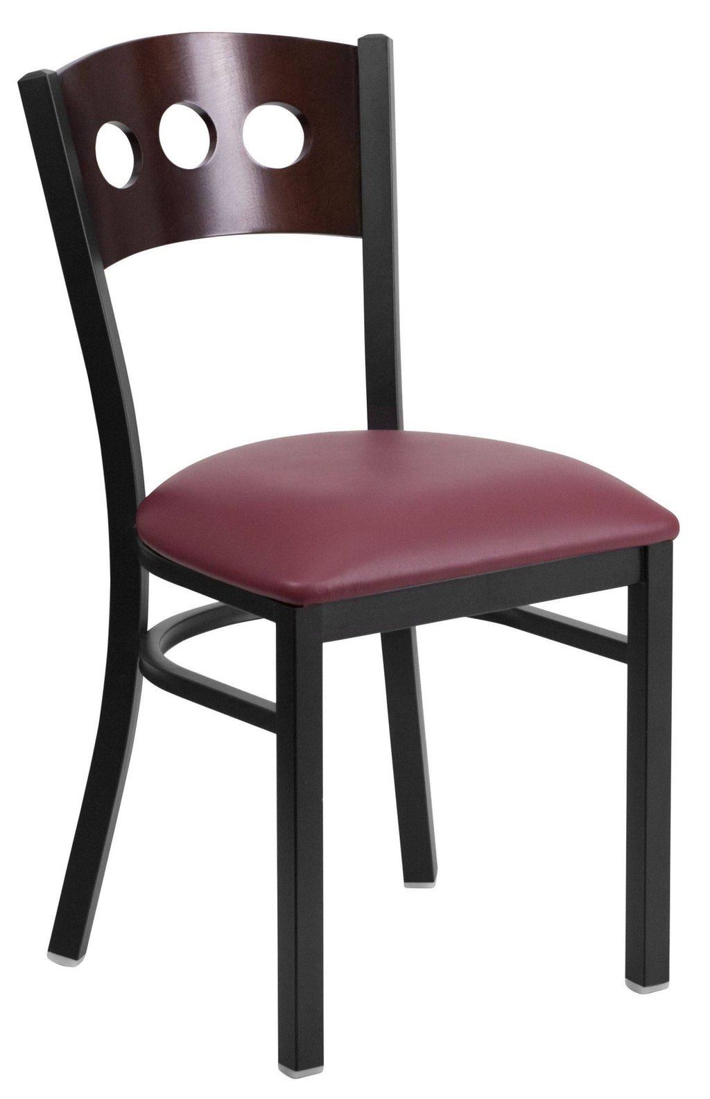 Black Metal Restaurant Chair with Walnut Wood Back and Burgundy Vinyl Seat S150009