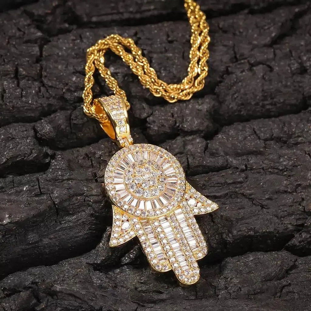 Simulated Diamond Baguette Hamsa Hand Pendant Necklace A219