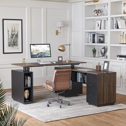 63" L Shaped Electric Height Adjustable Standing Desk with File Cabinet, Black Walnut D12390