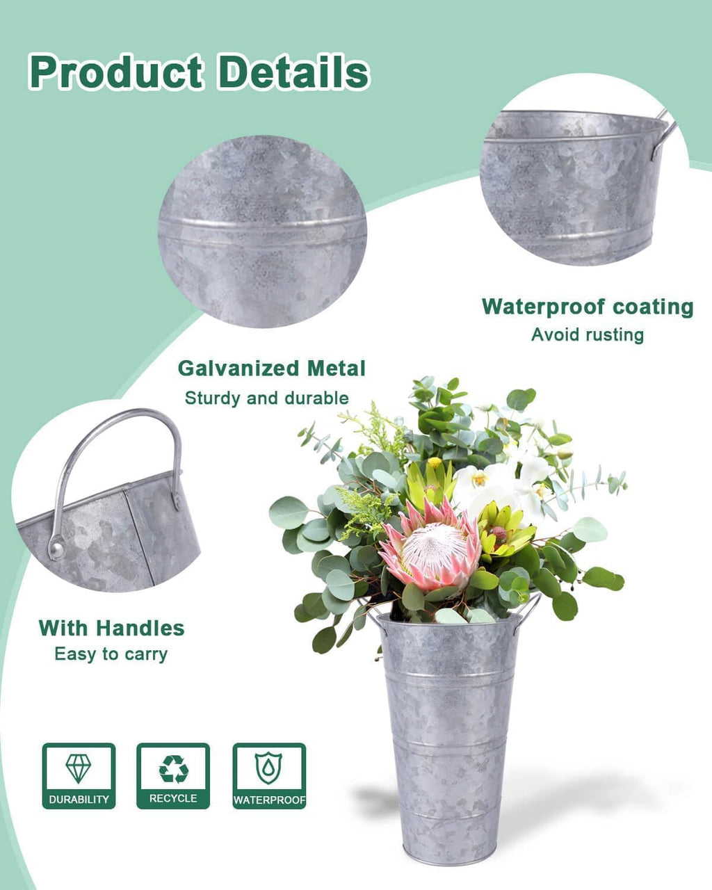 6 Pcs Galvanized Metal Vases with Handles (Silver) R2792