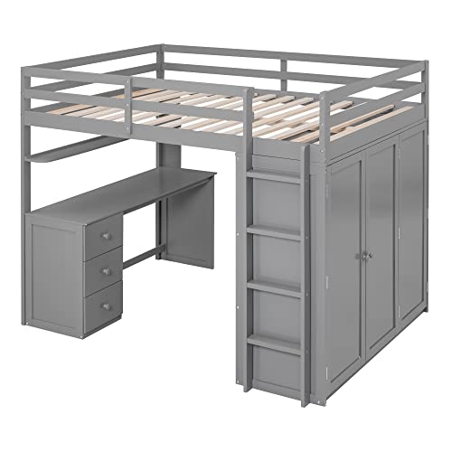 Full Loft Bed with Desk Wardrobe Storage Drawers White V9057