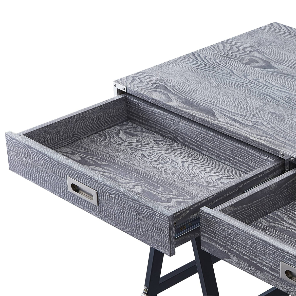 Grey Writing Desk with Oak Veneer Finish and Powder Coated Black Base O883