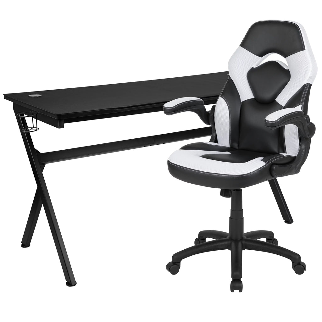 Black and White Gaming Desk with Cup and Headphone Holders K320