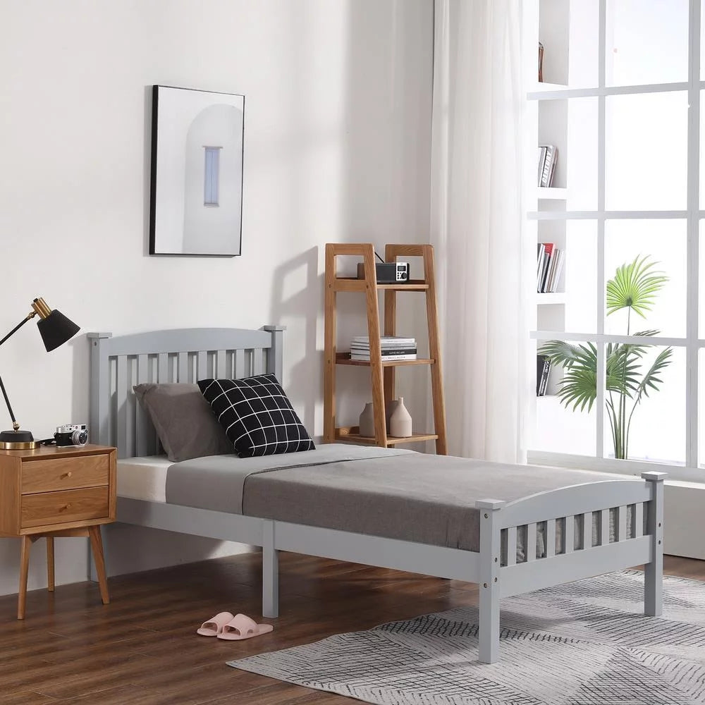 Gray Solid Pine Wood Twin Bed Frame with Headboard X55896