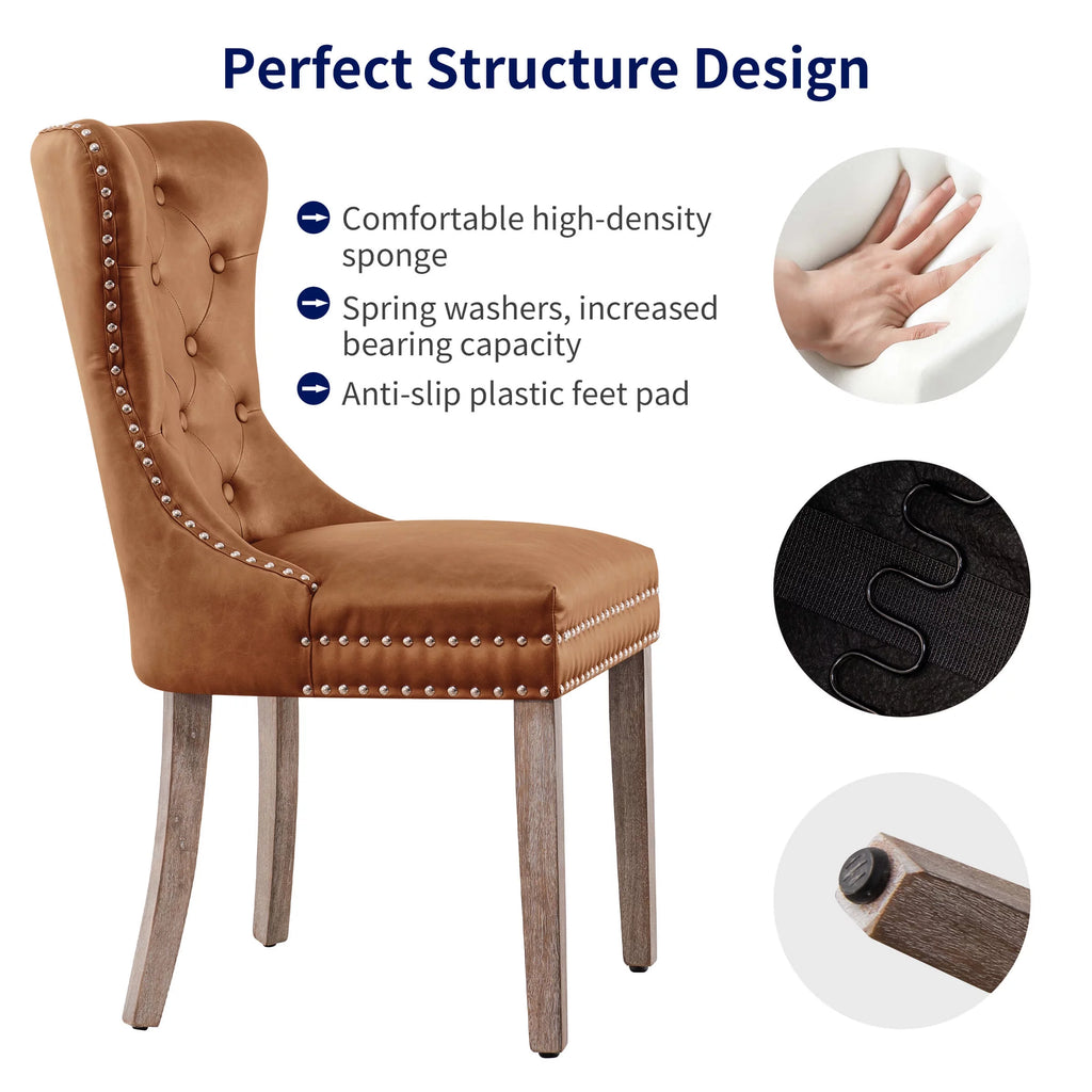 Brown PU Leather Dining Chairs with Wood Legs Set of 2 D739