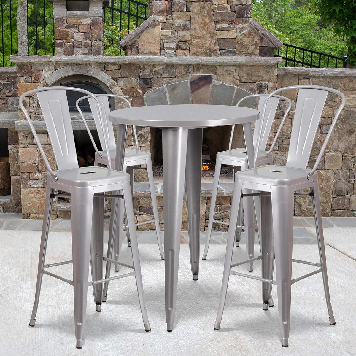 30 Round Silver Metal Bar Table Set with 4 Cafe Stools Y6519