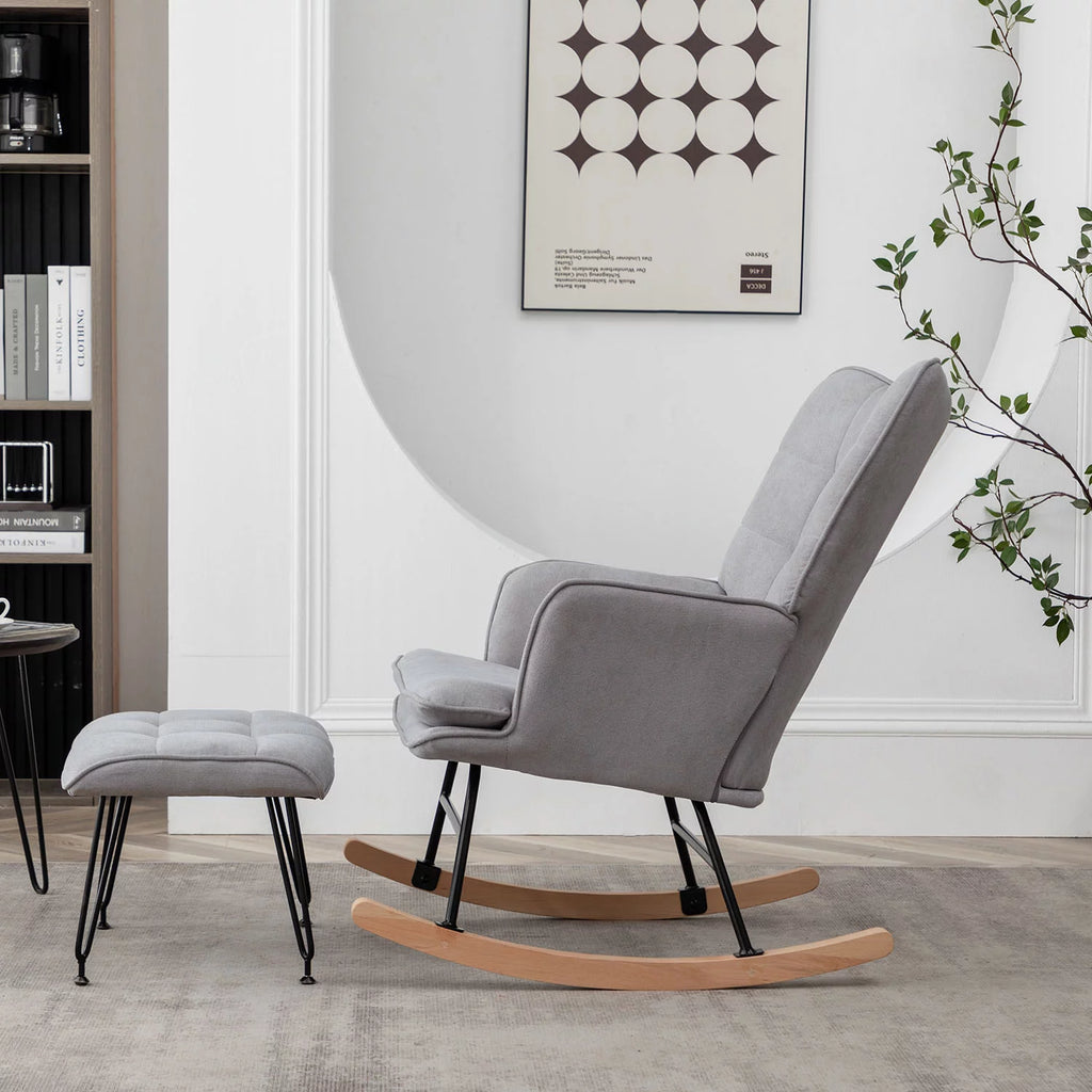 Gray Linen Fabric Rocking Chair with Ottoman B86624