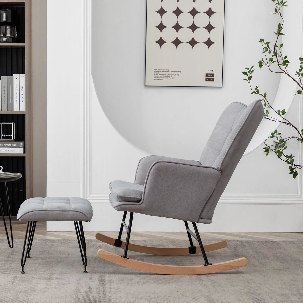 Gray Linen Fabric Rocking Chair with Ottoman B86624