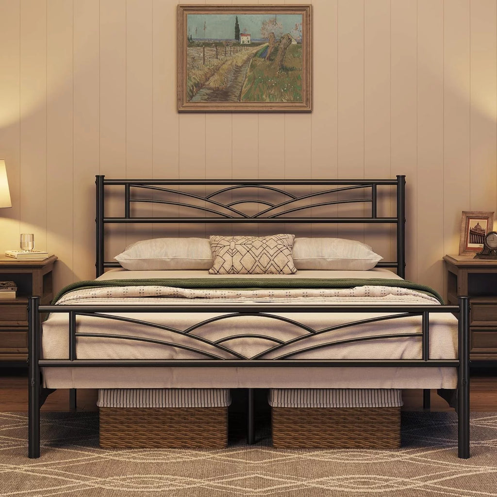 Queen Size Black Metal Platform Bed Frame with Headboard D2031