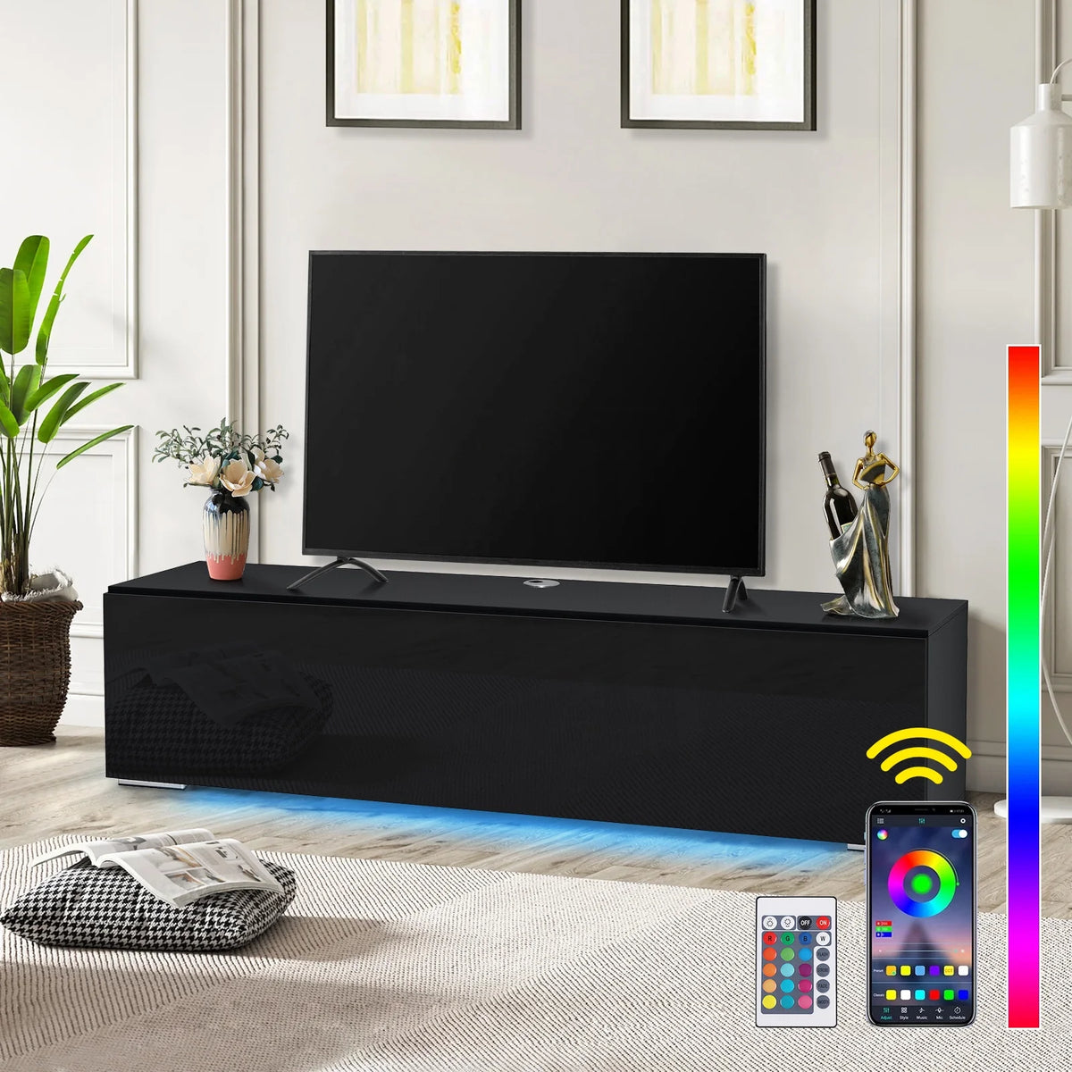 White Floating TV Stand with LED Lights and Storage R78594