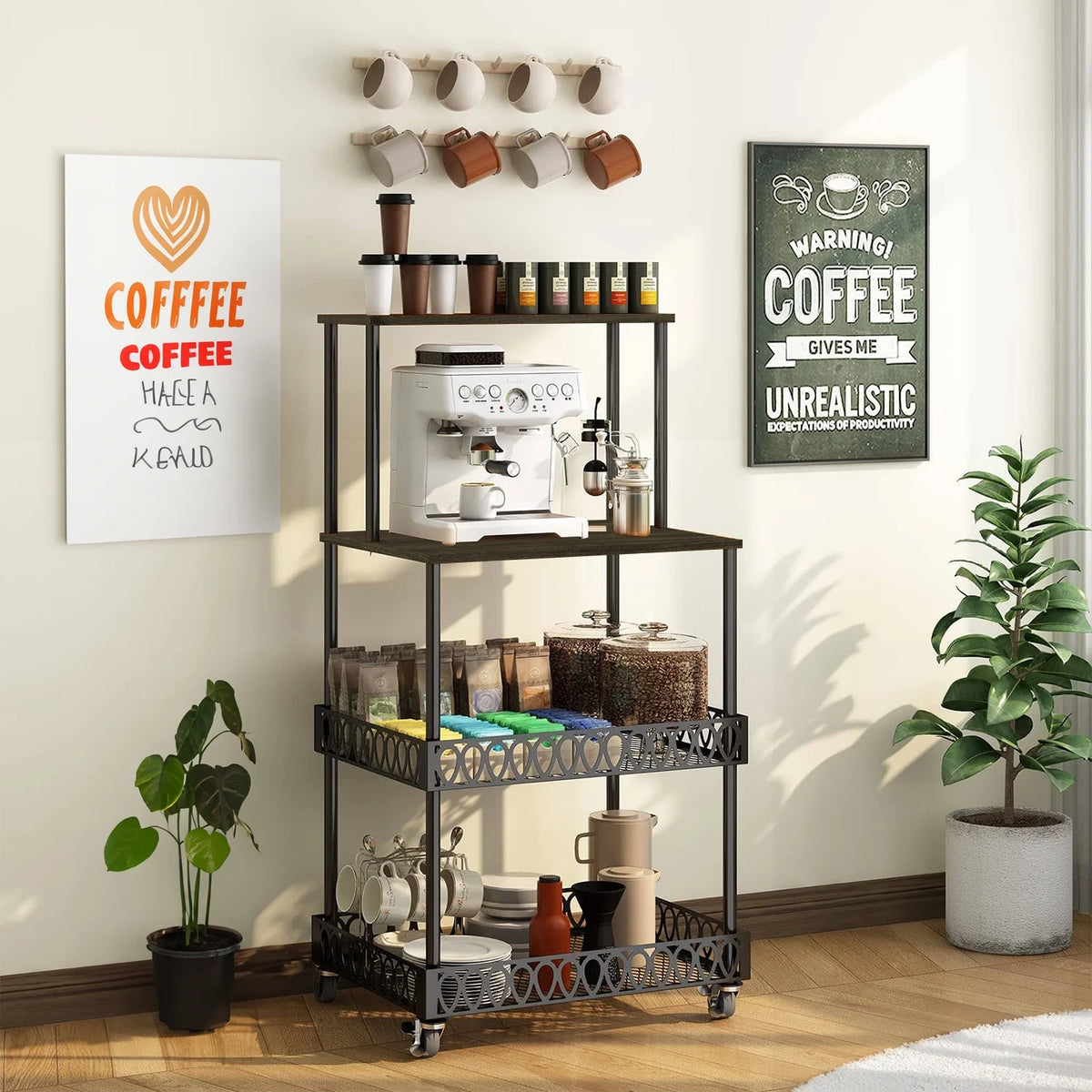 4-Tier Baker's Rack 48 inch Kitchen Storage Organizer with Metal Wheels J29898