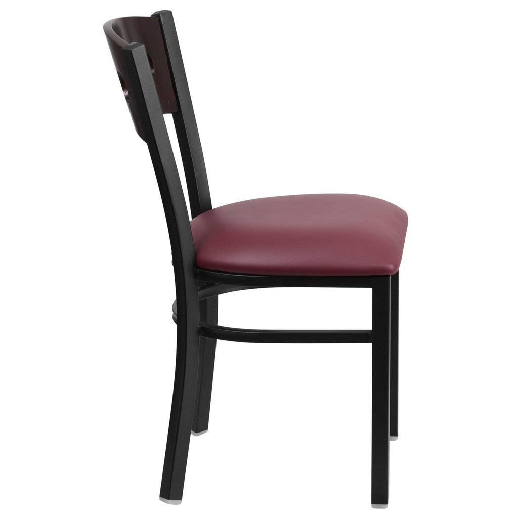 Black Metal Restaurant Chair with Walnut Wood Back and Burgundy Vinyl Seat S150009