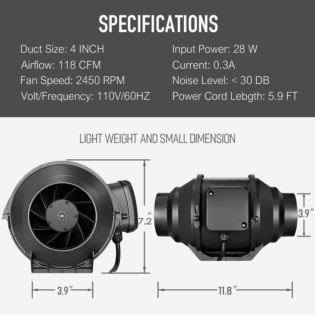 4 Inch 118 CFM Inline Blower Fan Air Carbon Filter, 25 Feet Ducting Hose Variable Speed Controller, Digital Hygrometer Thermometer, 1-Pair Rope Hanger Combo T256762
