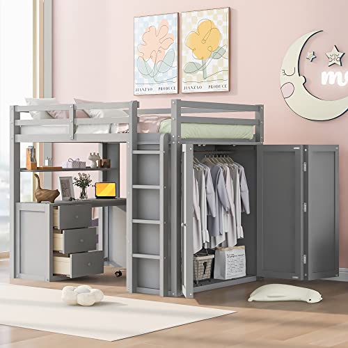 Full Loft Bed with Desk Wardrobe Storage Drawers White V9057