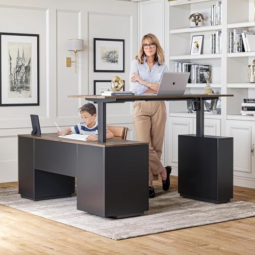 63" L Shaped Electric Height Adjustable Standing Desk with File Cabinet, Black Walnut D12390