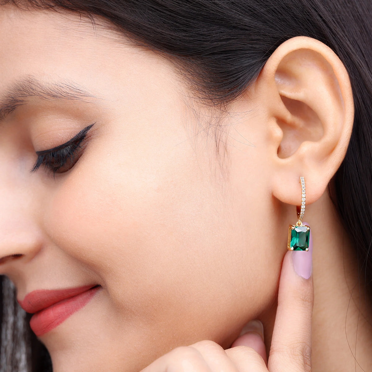 14K Yellow Gold Lab Created Emerald Drop Earrings with Diamond B1056