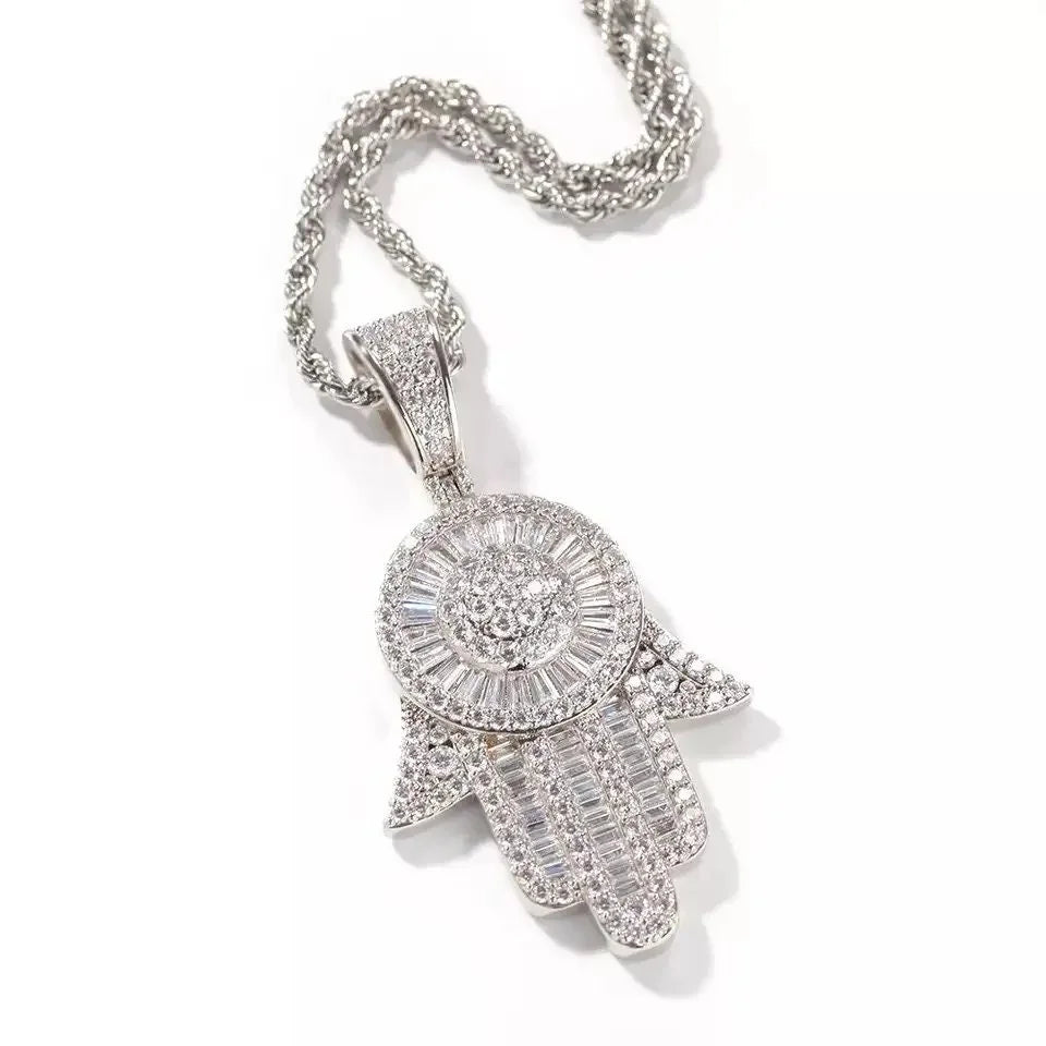 Simulated Diamond Baguette Hamsa Hand Pendant Necklace A219