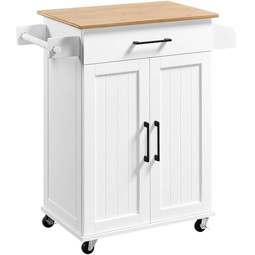 White Rolling Kitchen Cart with Bamboo Tabletop W2027