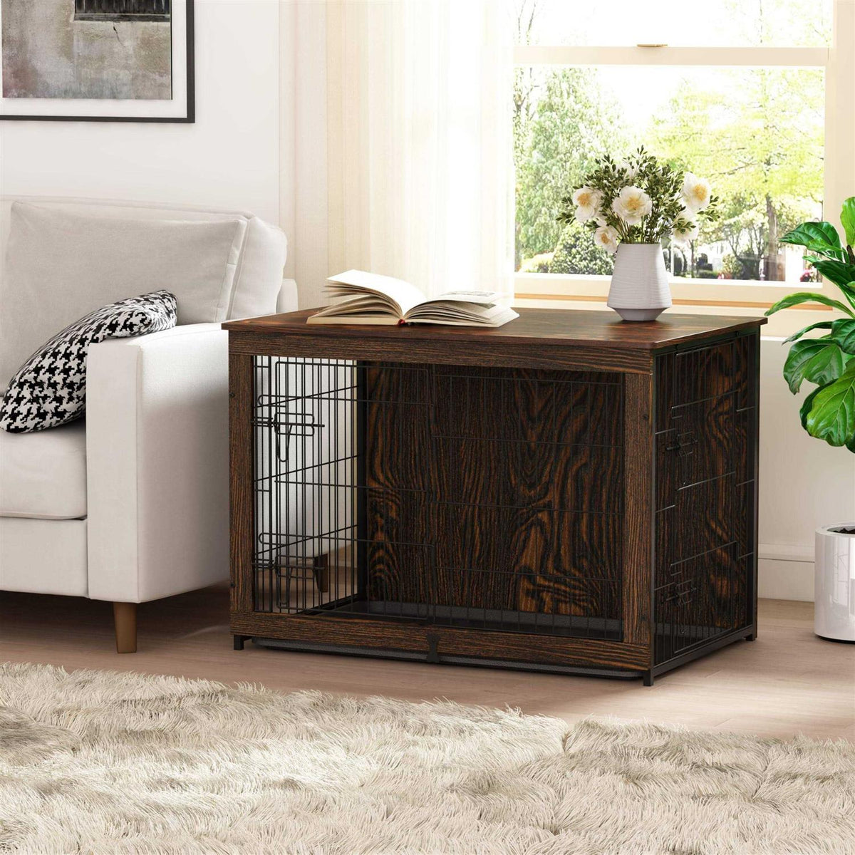 Wooden Dog Crate Furniture with Cushion and Tray E31288
