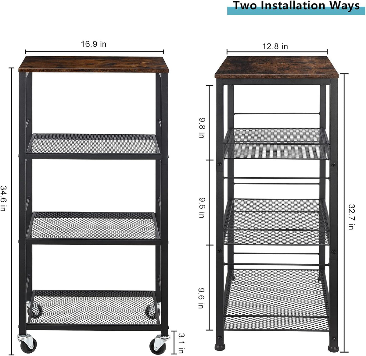 4 Tier Rolling Utility Cart with Wood Top and Metal Frame W887