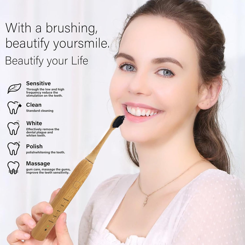 Bamboo Electric Toothbrush 5 Cleaning Modes Sonic Toothbrush Replacement Heads with Plant-Based Bristle 4 Pack A79921
