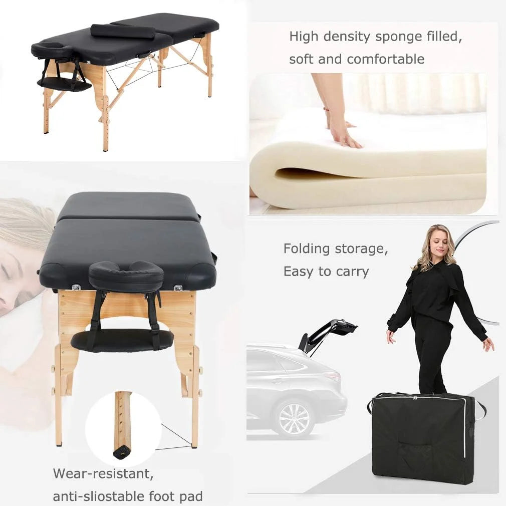Portable Massage Table 73” L 28”W Height Adjustable with Bolsters Carry Case 2 Fold Black K115