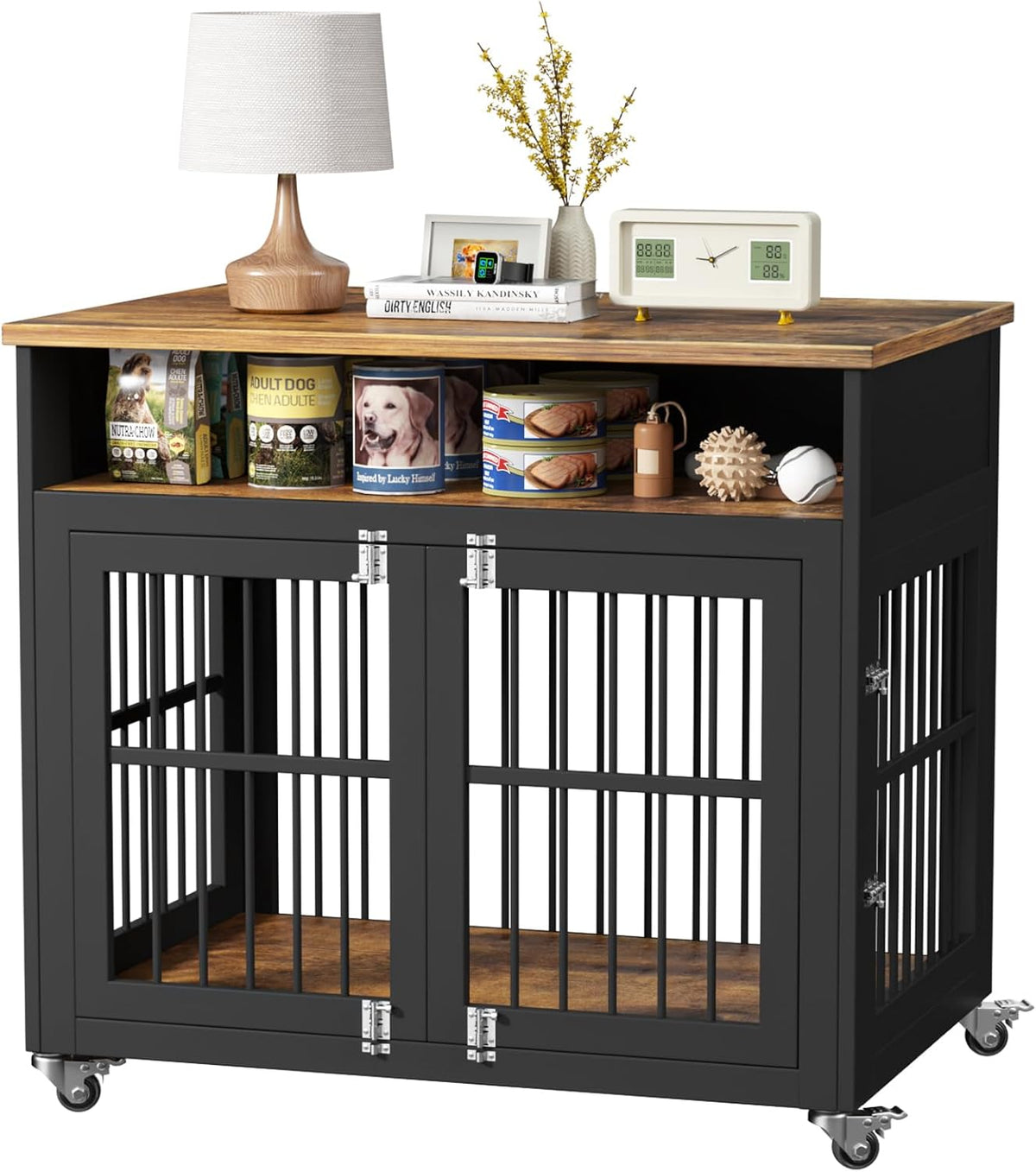 Brown Wooden Dog Crate with Wheels T237421