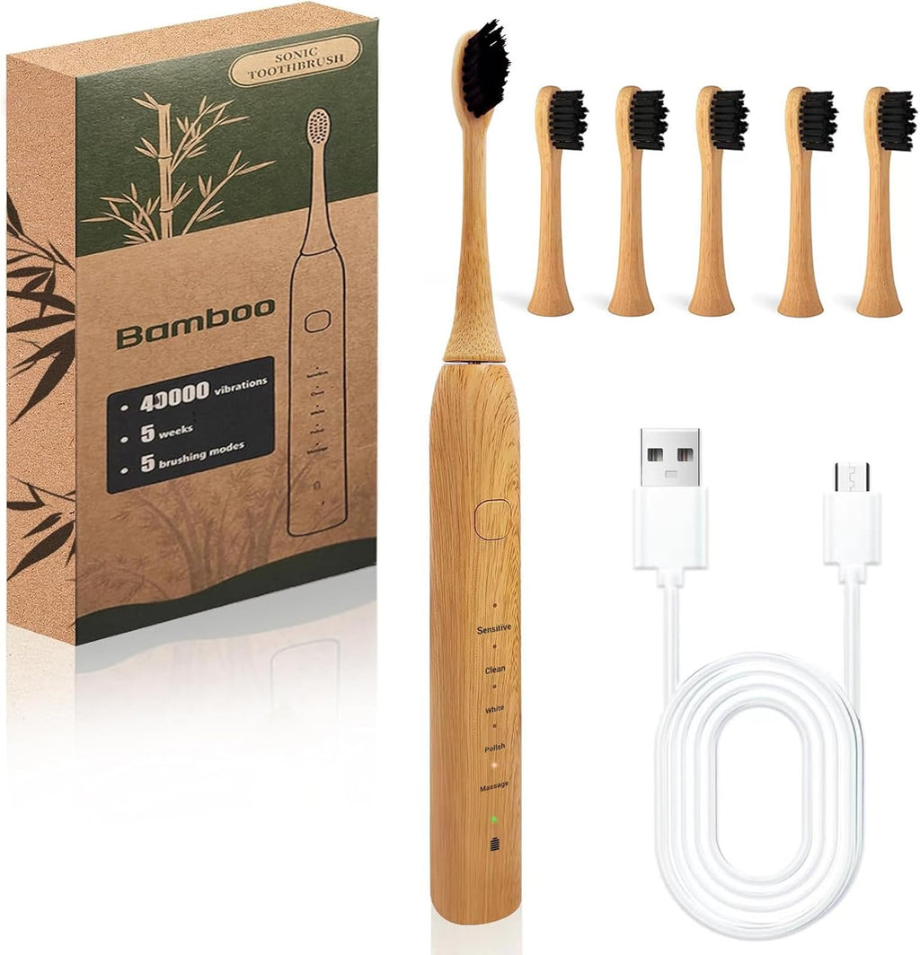 Bamboo Electric Toothbrush 5 Cleaning Modes Sonic Toothbrush Replacement Heads with Plant-Based Bristle 4 Pack A79921