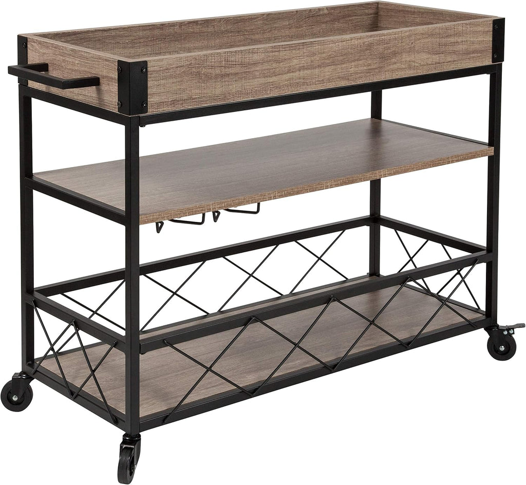 Distressed Wood Kitchen Bar Cart with Storage Rack and Shelf L71900