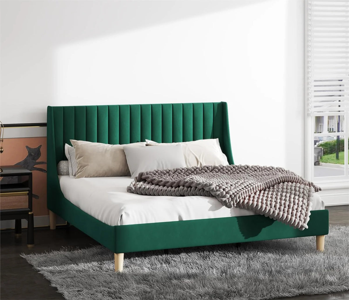 Queen Size Green Velvet Platform Bed Frame K43369